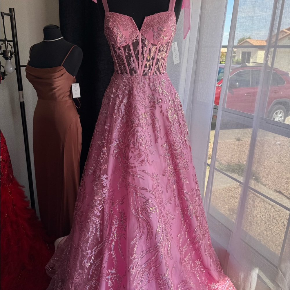 Pink Beaded Corset Dress with Bow Straps - Picture 2 of 7